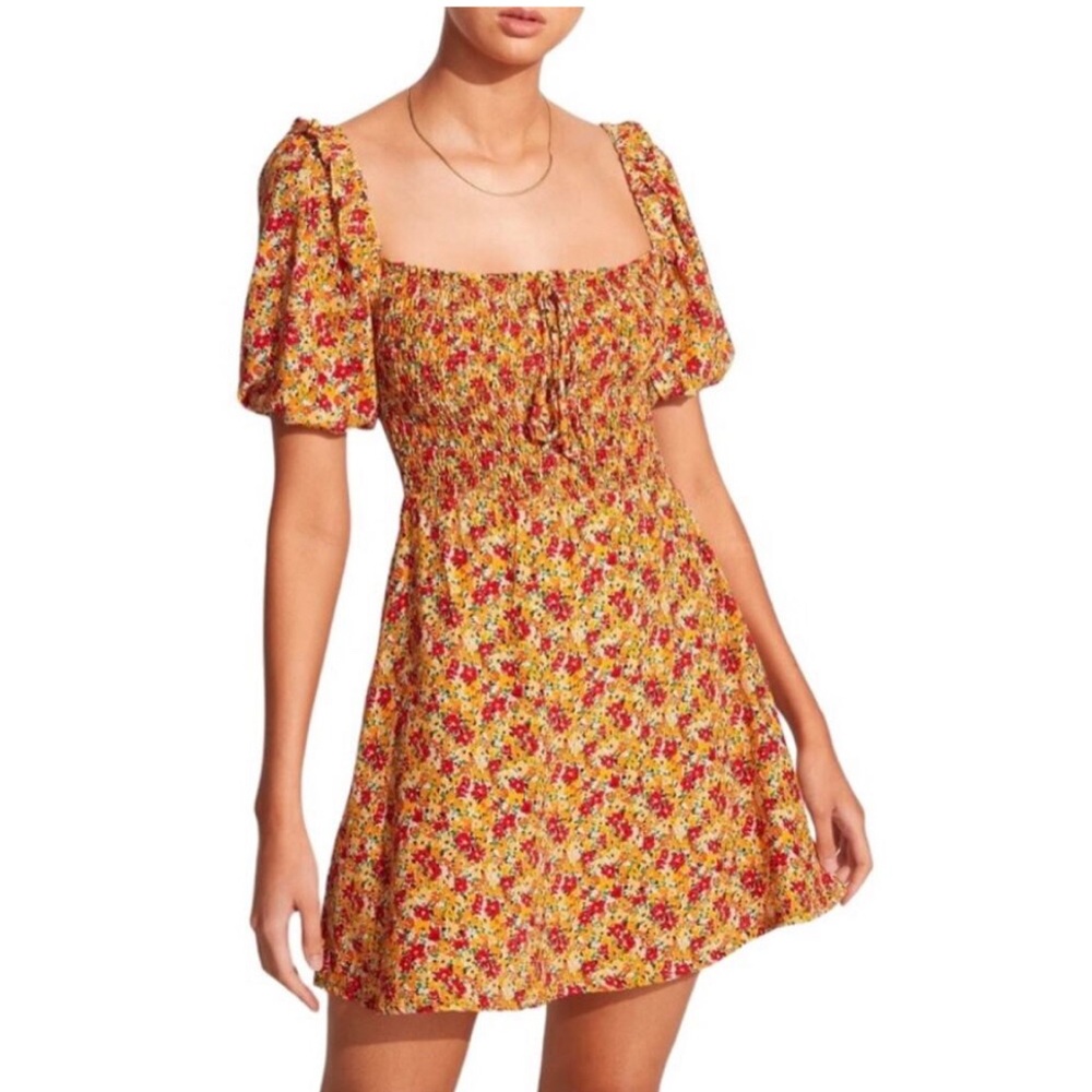 FAITHFULL THE BRAND Floral Yellow Puff-Sleeve Dress